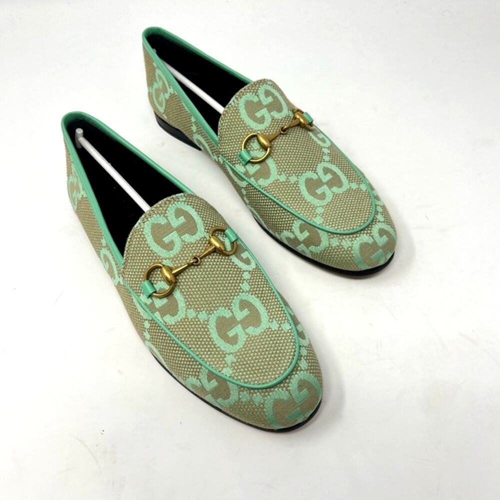 NIB Gucci Jordaan Jumbo GG Canvas Loafers Teal Horsebit buckle size 36 EU 6 US